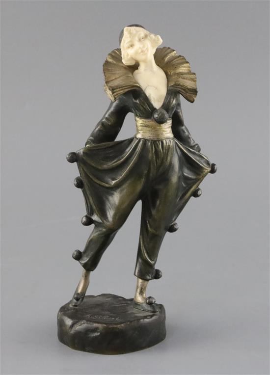 A. Gilbert. An Art Deco ivory and bronze figure of a Pierrette, H. 22cm